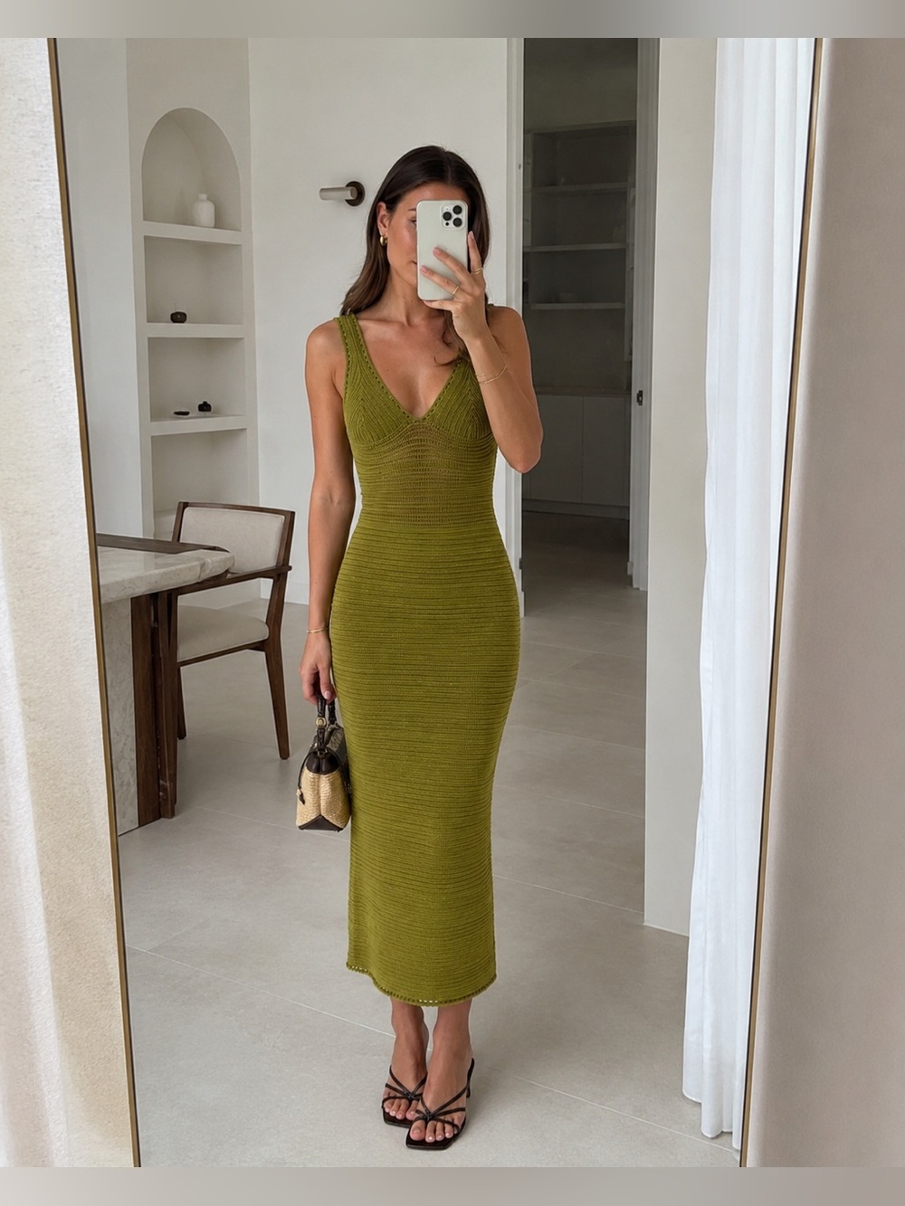 Torn by Ronny Kobo Madi Olive Marl Crochet Knit Open-Back Midi Dress M